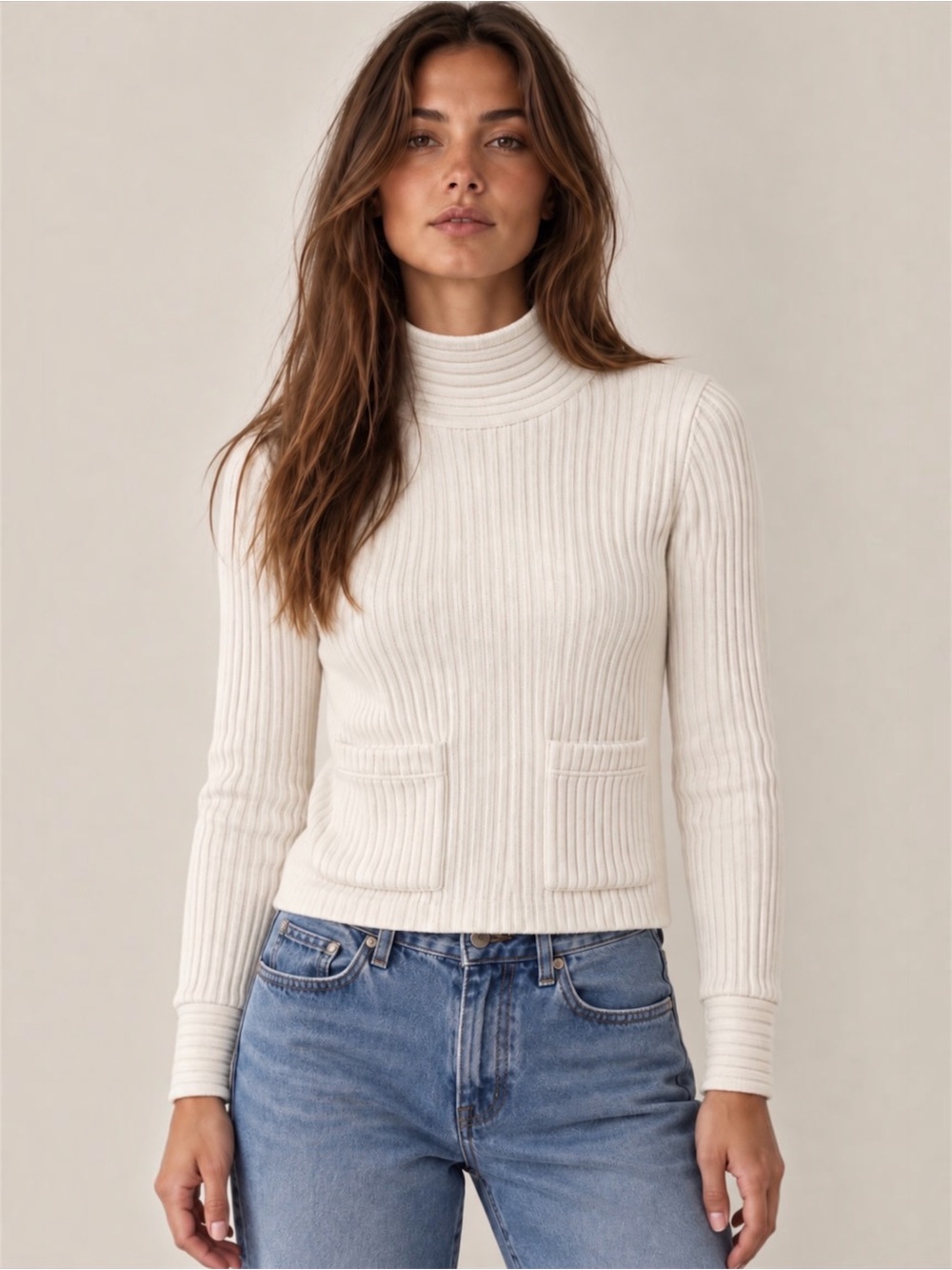 Vintage Zara Trafaluc Cream Ribbed Mock Neck Sweater Patch Pockets Small Y2K